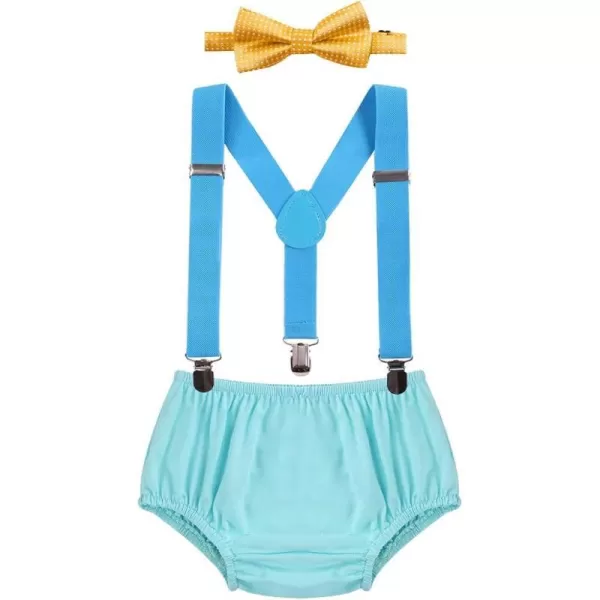 Baby Boys Cake Smash Clothes Diaper Suspenders Pants Bow Tie 3PCS Set First 1st 2nd Birthday Outfit for Photo Prop PartyYellow  Blue  Light Blue