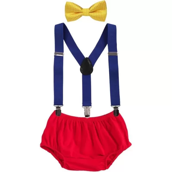 Baby Boys Cake Smash Clothes Diaper Suspenders Pants Bow Tie 3PCS Set First 1st 2nd Birthday Outfit for Photo Prop PartyYellow  Dark Blue  Red