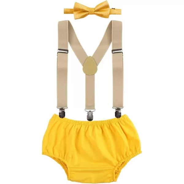 Baby Boys Cake Smash Clothes Diaper Suspenders Pants Bow Tie 3PCS Set First 1st 2nd Birthday Outfit for Photo Prop PartyYellow  Khaki