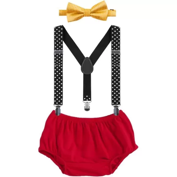 Baby Boys Cake Smash Clothes Diaper Suspenders Pants Bow Tie 3PCS Set First 1st 2nd Birthday Outfit for Photo Prop PartyYellow  Red  Black Dots