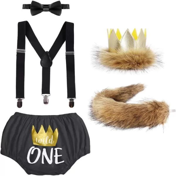 Baby Boys Cake Smash First Birthday Outfit Bloomers Suspender Bowtie Set Lion Headband Tail Costume 5pcs Photo PropsBlack  Wild One 01