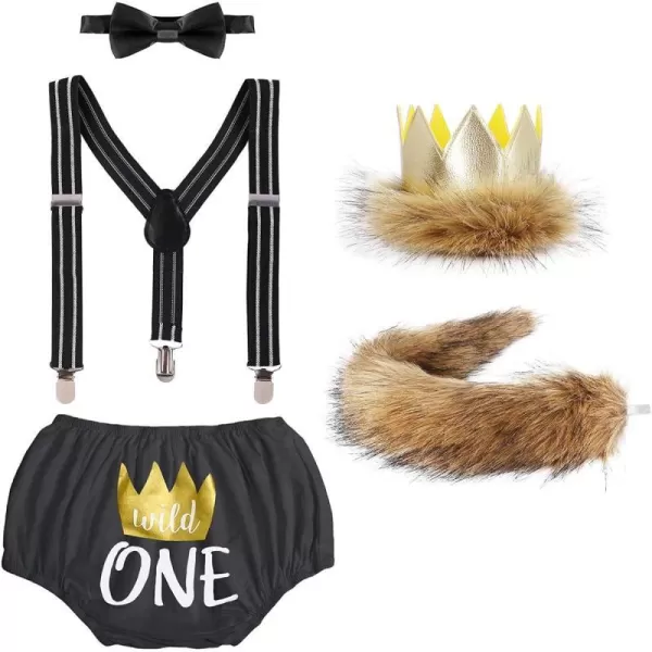 Baby Boys Cake Smash First Birthday Outfit Bloomers Suspender Bowtie Set Lion Headband Tail Costume 5pcs Photo PropsBlack  Wild One 02