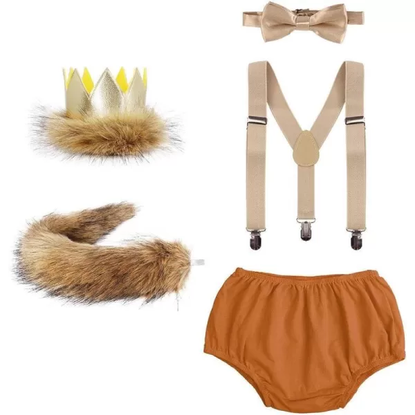 Baby Boys Cake Smash First Birthday Outfit Bloomers Suspender Bowtie Set Lion Headband Tail Costume 5pcs Photo PropsBrown