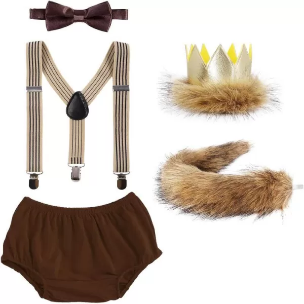 Baby Boys Cake Smash First Birthday Outfit Bloomers Suspender Bowtie Set Lion Headband Tail Costume 5pcs Photo PropsCoffee