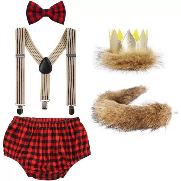 Baby Boys Cake Smash First Birthday Outfit Bloomers Suspender Bowtie Set Lion Headband Tail Costume 5pcs Photo PropsRed Plaid