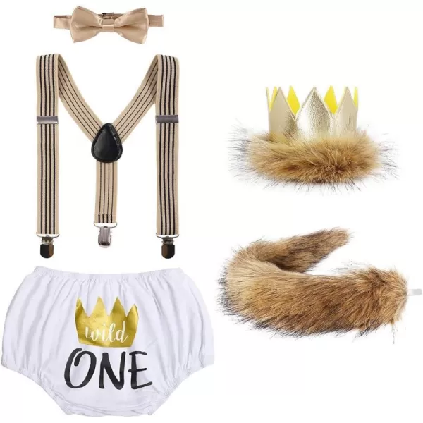 Baby Boys Cake Smash First Birthday Outfit Bloomers Suspender Bowtie Set Lion Headband Tail Costume 5pcs Photo PropsWhite  Wild One 01