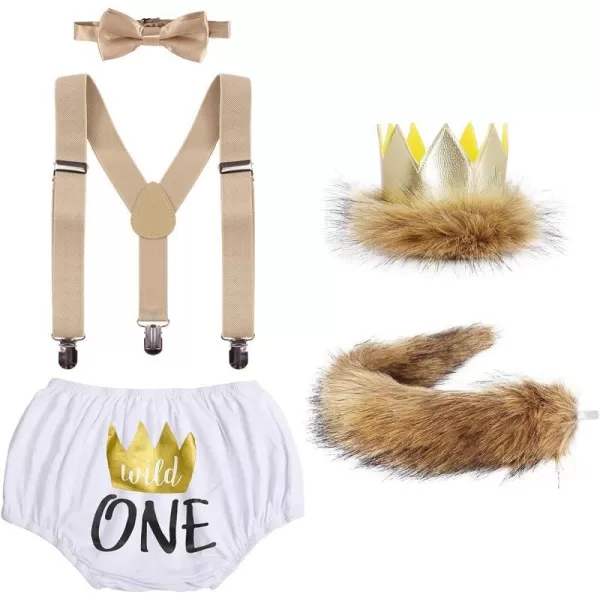 Baby Boys Cake Smash First Birthday Outfit Bloomers Suspender Bowtie Set Lion Headband Tail Costume 5pcs Photo PropsWhite  Wild One 02