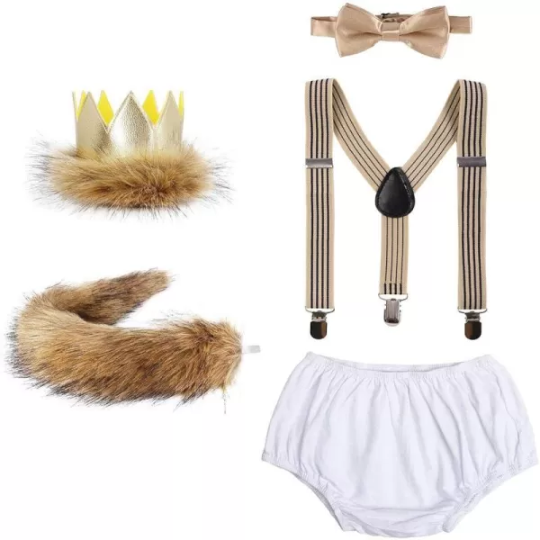 Baby Boys Cake Smash First Birthday Outfit Bloomers Suspender Bowtie Set Lion Headband Tail Costume 5pcs Photo PropsWhite 02