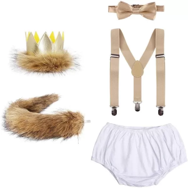 Baby Boys Cake Smash First Birthday Outfit Bloomers Suspender Bowtie Set Lion Headband Tail Costume 5pcs Photo PropsWhite