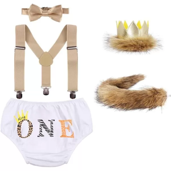 Baby Boys Cake Smash First Birthday Outfit Bloomers Suspender Bowtie Set Lion Headband Tail Costume 5pcs Photo PropsWhite Leopard Zebra