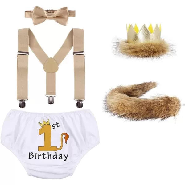 Baby Boys Cake Smash First Birthday Outfit Bloomers Suspender Bowtie Set Lion Headband Tail Costume 5pcs Photo PropsWhite Lion 1st Birthday