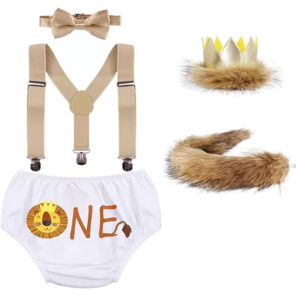 Baby Boys Cake Smash First Birthday Outfit Bloomers Suspender Bowtie Set Lion Headband Tail Costume 5pcs Photo PropsWhite Lion One