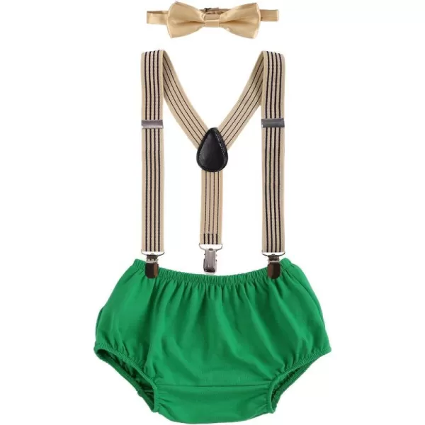 Baby Boys Cake Smash Outfit First 1st Birthday Bloomers Adjustable Suspenders Bowtie Set for Photo Props CostumeGreen  Khaki