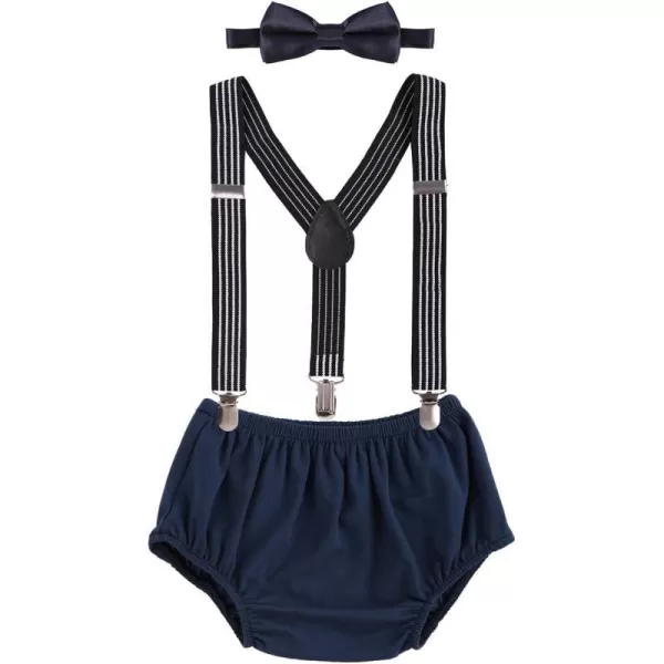 Baby Boys Cake Smash Outfit First 1st Birthday Bloomers Adjustable Suspenders Bowtie Set for Photo Props CostumeNavy Blue  Striped