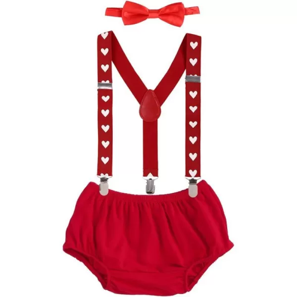 Baby Boys Cake Smash Outfit First 1st Birthday Bloomers Adjustable Suspenders Bowtie Set for Photo Props CostumeRed  Heart