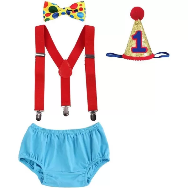 Baby Boys Circus Cake Smash Outfit Little Clown Costume 1st Birthday Diaper Cover Suspender Bowtie Set for Photo PartyBlue  Red 4pcs