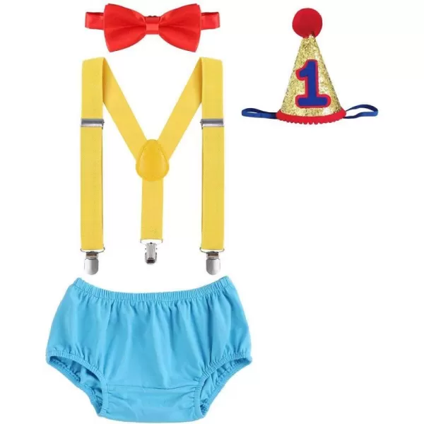 Baby Boys Circus Cake Smash Outfit Little Clown Costume 1st Birthday Diaper Cover Suspender Bowtie Set for Photo PartyBlue  Yellow  Red 4pcs