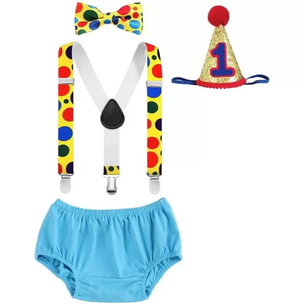 Baby Boys Circus Cake Smash Outfit Little Clown Costume 1st Birthday Diaper Cover Suspender Bowtie Set for Photo PartyBlue  Yellow 4pcs