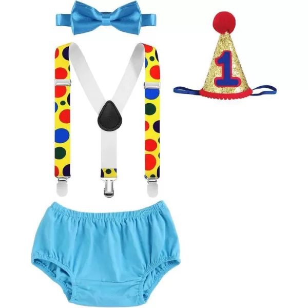 Baby Boys Circus Cake Smash Outfit Little Clown Costume 1st Birthday Diaper Cover Suspender Bowtie Set for Photo PartyBlue 4pcs