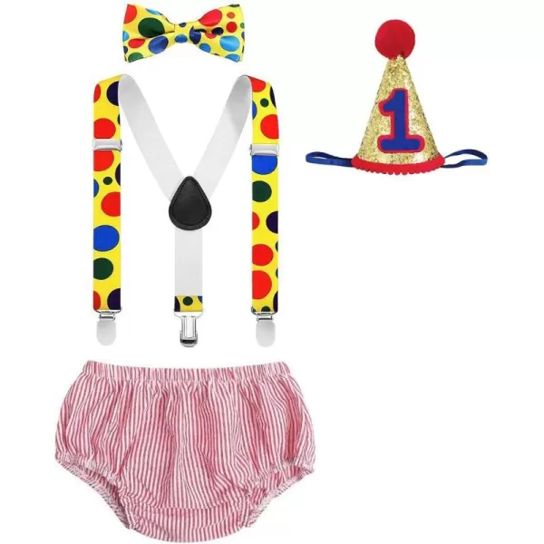 Baby Boys Circus Cake Smash Outfit Little Clown Costume 1st Birthday Diaper Cover Suspender Bowtie Set for Photo PartyPink 4pcs