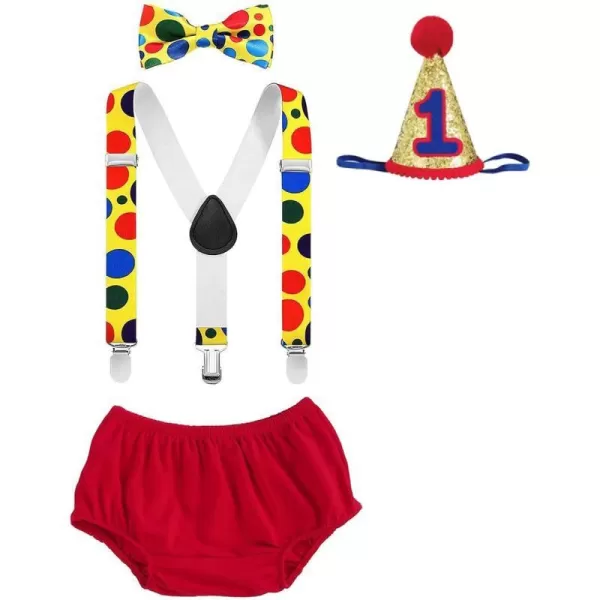 Baby Boys Circus Cake Smash Outfit Little Clown Costume 1st Birthday Diaper Cover Suspender Bowtie Set for Photo PartyRed  Yellow 4pcs