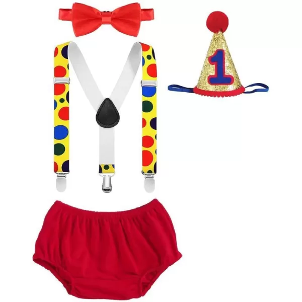 Baby Boys Circus Cake Smash Outfit Little Clown Costume 1st Birthday Diaper Cover Suspender Bowtie Set for Photo PartyRed 4pcs