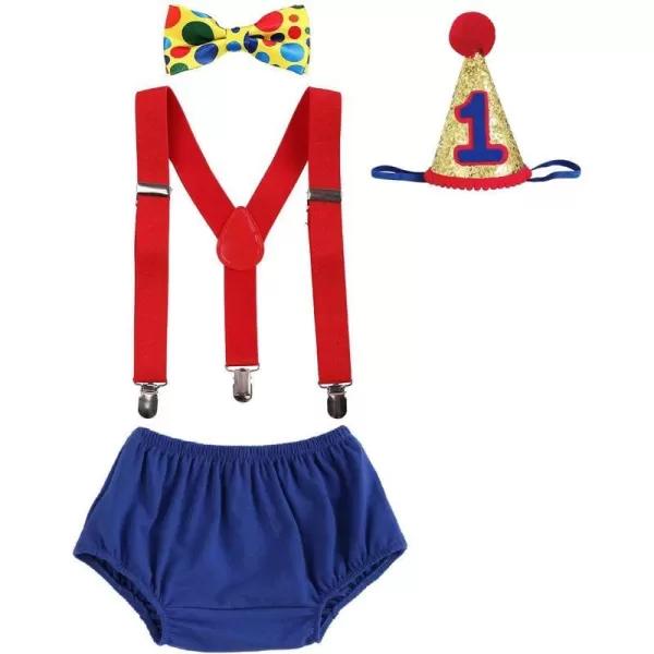 Baby Boys Circus Cake Smash Outfit Little Clown Costume 1st Birthday Diaper Cover Suspender Bowtie Set for Photo PartyRoyal Blue  Red 4pcs