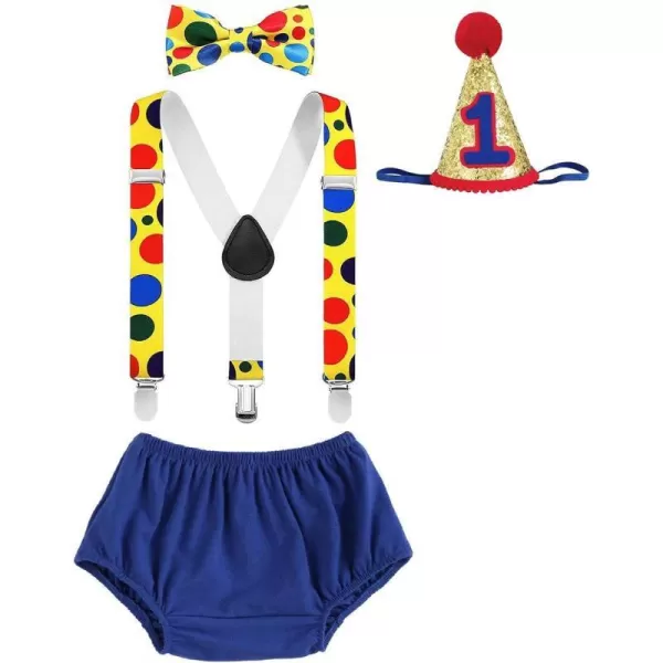 Baby Boys Circus Cake Smash Outfit Little Clown Costume 1st Birthday Diaper Cover Suspender Bowtie Set for Photo PartyRoyal Blue  Yellow 4pcs