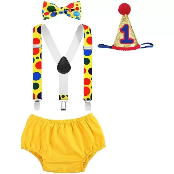 Baby Boys Circus Cake Smash Outfit Little Clown Costume 1st Birthday Diaper Cover Suspender Bowtie Set for Photo PartyYellow 4pcs