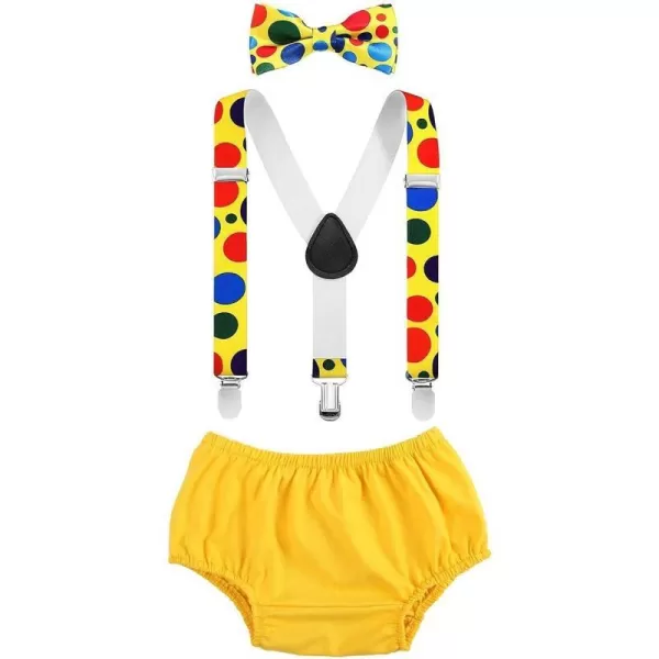 Baby Boys Circus Cake Smash Outfit Little Clown Costume 1st Birthday Diaper Cover Suspender Bowtie Set for Photo PartyYellow