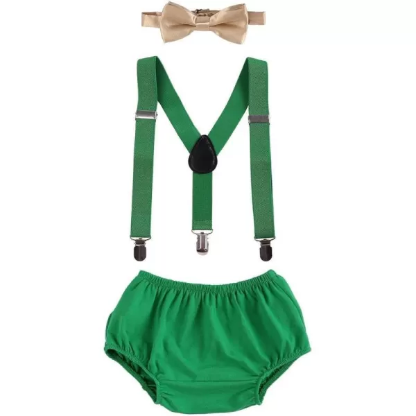 Baby Boys First 1st Birthday Party Cake Smash Outfit Adjustable Suspenders Bowtie Bloomers Clothes Set for Photo PropsGreen  Khaki