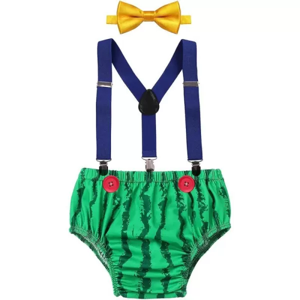 Baby Boys First 1st Birthday Party Cake Smash Outfit Adjustable Suspenders Bowtie Bloomers Clothes Set for Photo PropsGreen Watermelon