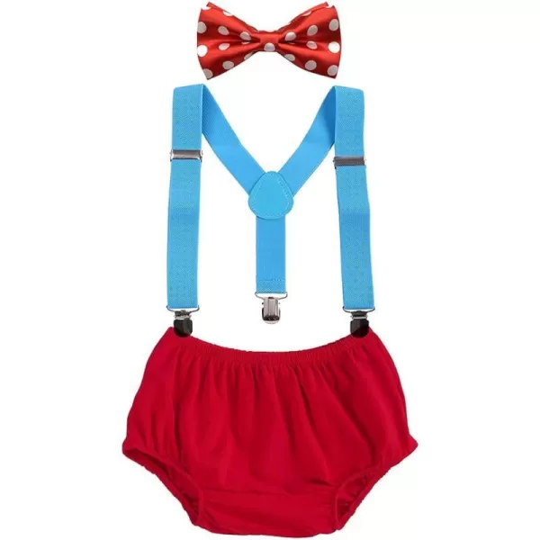 Baby Boys First 1st Birthday Party Cake Smash Outfit Adjustable Suspenders Bowtie Bloomers Clothes Set for Photo PropsRed  Blue