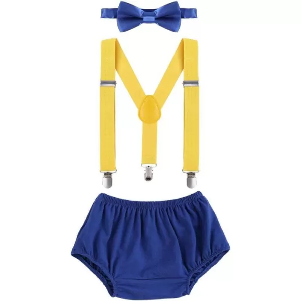 Baby Boys First 1st Birthday Party Cake Smash Outfit Adjustable Suspenders Bowtie Bloomers Clothes Set for Photo PropsRoyal Blue  Yellow