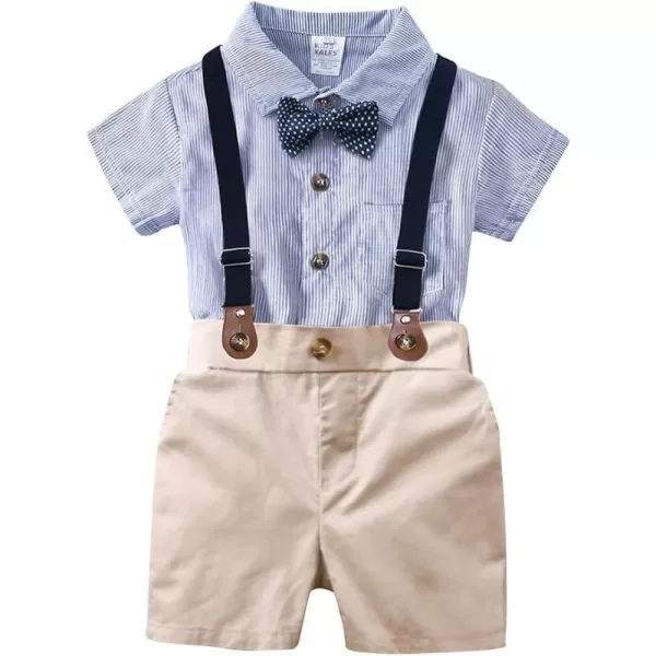 Baby Boys Formal Suit Set Short Sleeve Bowtie TShirt Suspenders Shorts Pants Wedding Tuxedo Outfits Cake Smash ClothesBlue Plaid Romper