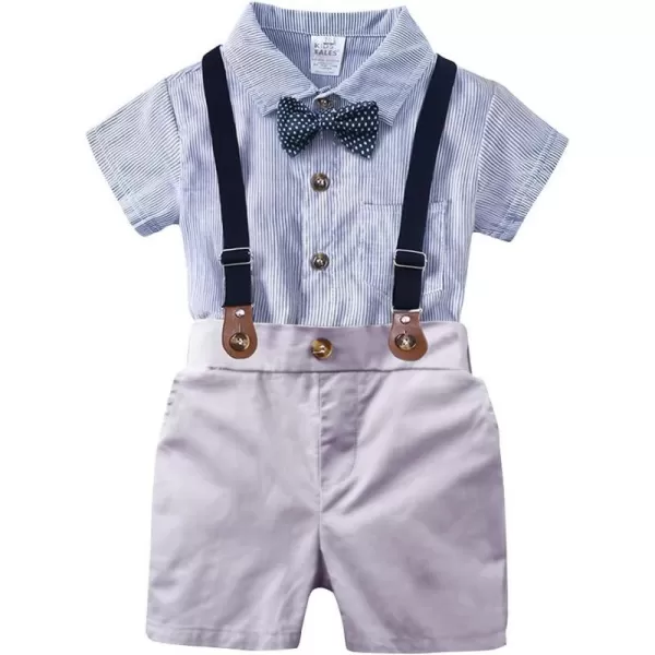 Baby Boys Formal Suit Set Short Sleeve Bowtie TShirt Suspenders Shorts Pants Wedding Tuxedo Outfits Cake Smash ClothesBlue Plaid Shirt