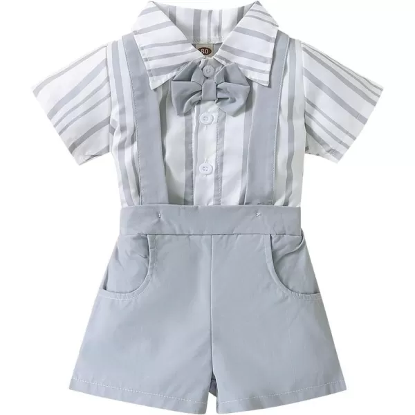 Baby Boys Formal Suit Set Short Sleeve Bowtie TShirt Suspenders Shorts Pants Wedding Tuxedo Outfits Cake Smash ClothesGray Striped