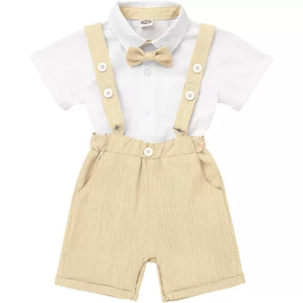 Baby Boys Formal Suit Set Short Sleeve Bowtie TShirt Suspenders Shorts Pants Wedding Tuxedo Outfits Cake Smash ClothesKhaki