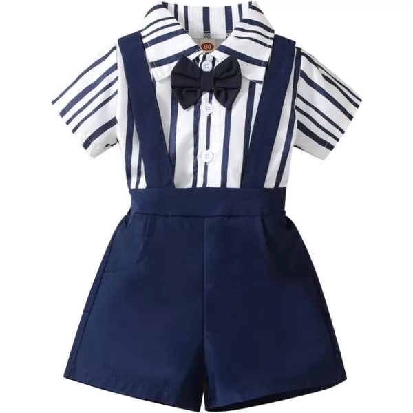 Baby Boys Formal Suit Set Short Sleeve Bowtie TShirt Suspenders Shorts Pants Wedding Tuxedo Outfits Cake Smash ClothesNavy Blue Striped