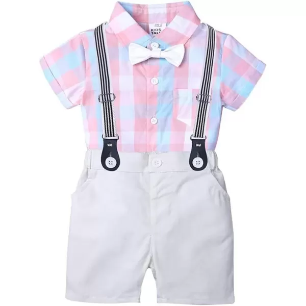 Baby Boys Formal Suit Set Short Sleeve Bowtie TShirt Suspenders Shorts Pants Wedding Tuxedo Outfits Cake Smash ClothesPink Plaid