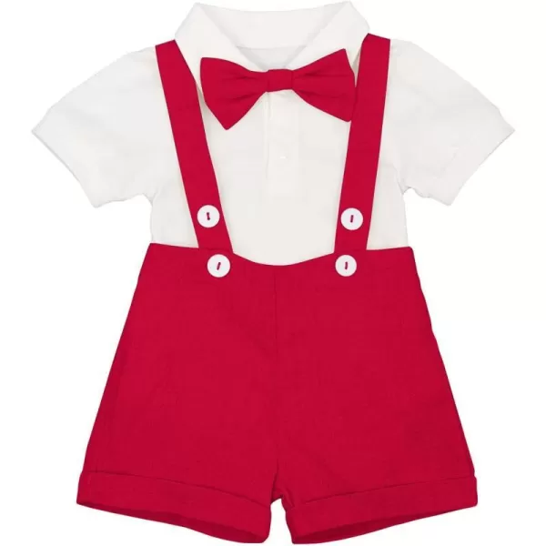 Baby Boys Formal Suit Set Short Sleeve Bowtie TShirt Suspenders Shorts Pants Wedding Tuxedo Outfits Cake Smash ClothesRed Romper