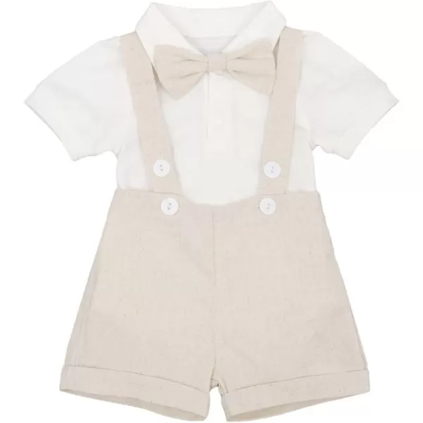 Baby Boys Formal Suit Set Short Sleeve Romper Suspenders Shorts Pants Bowtie Wedding Tuxedo Outfits Cake Smash ClothesKhaki