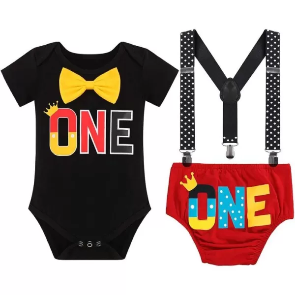 Baby Boys Half 1st Birthday Cake Smash Outfit Bowtie Romper Suspenders Shorts Headband Party Costume for Photo Shoot 618M001 Black One 3pcs