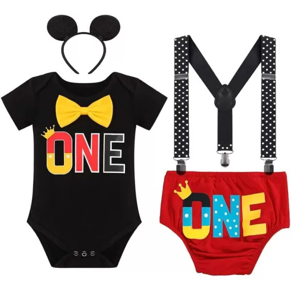 Baby Boys Half 1st Birthday Cake Smash Outfit Bowtie Romper Suspenders Shorts Headband Party Costume for Photo Shoot 618M001 Black One 4pcs