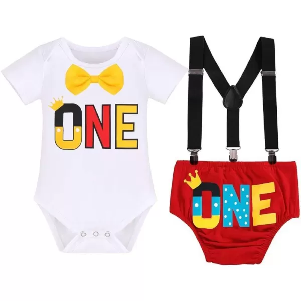 Baby Boys Half 1st Birthday Cake Smash Outfit Bowtie Romper Suspenders Shorts Headband Party Costume for Photo Shoot 618M001 White One 3pcs