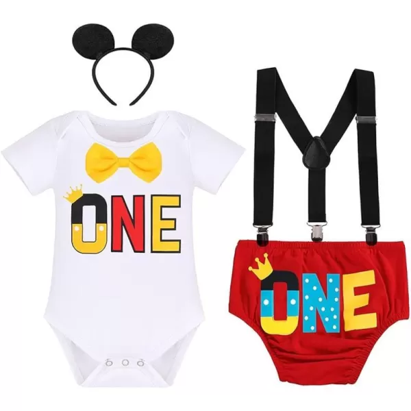 Baby Boys Half 1st Birthday Cake Smash Outfit Bowtie Romper Suspenders Shorts Headband Party Costume for Photo Shoot 618M001 White One 4pcs