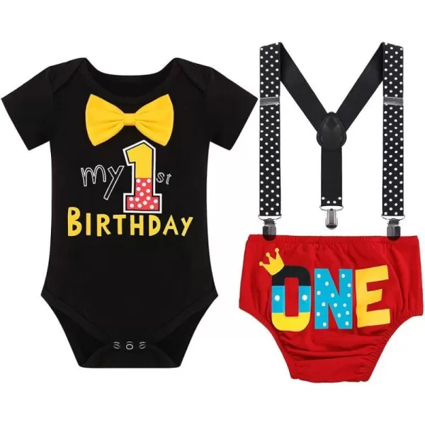 Baby Boys Half 1st Birthday Cake Smash Outfit Bowtie Romper Suspenders Shorts Headband Party Costume for Photo Shoot 618M002 Black 1st Birthday 3pcs