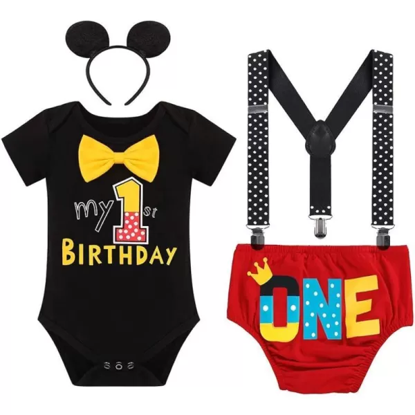 Baby Boys Half 1st Birthday Cake Smash Outfit Bowtie Romper Suspenders Shorts Headband Party Costume for Photo Shoot 618M002 Black 1st Birthday 4pcs