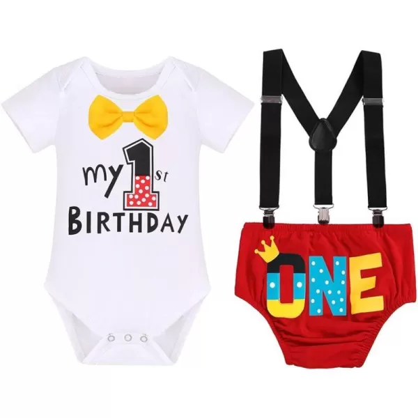 Baby Boys Half 1st Birthday Cake Smash Outfit Bowtie Romper Suspenders Shorts Headband Party Costume for Photo Shoot 618M002 White 1st Birthday 3pcs