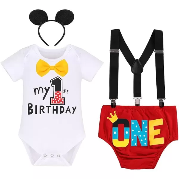 Baby Boys Half 1st Birthday Cake Smash Outfit Bowtie Romper Suspenders Shorts Headband Party Costume for Photo Shoot 618M002 White 1st Birthday 4pcs